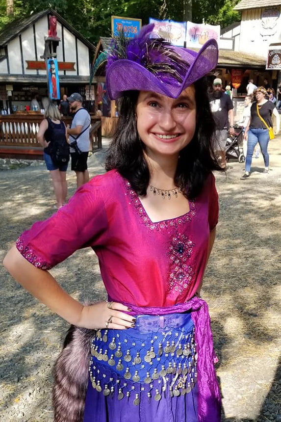Purple Tricorn Hat in cool strawcloth with silk flower and feathers