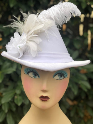 Bridal Alewife Hat in soft white velvet with feather hat pin 